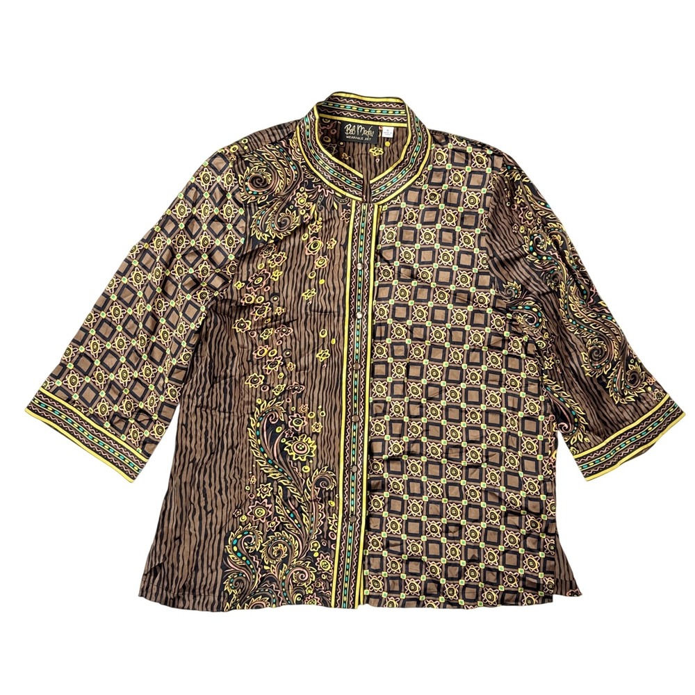 Bob Mackie 100% Silk Shirt Top Women's XL‎ Wearable Art Brown Floral